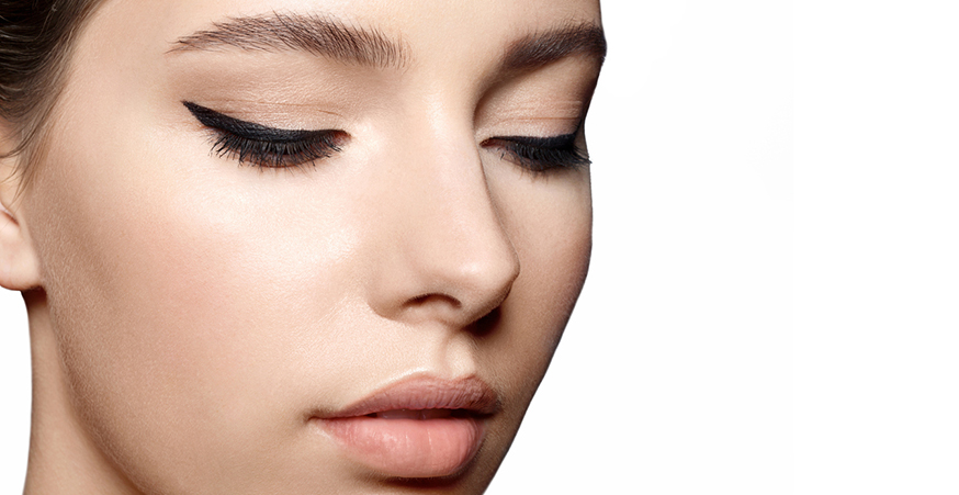 Winged eyeliner extends from the outer corner of the eye.