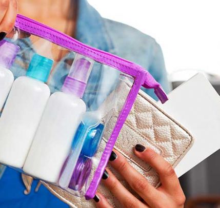 Traveling With Makeup Makeup products packaged in a clear bag