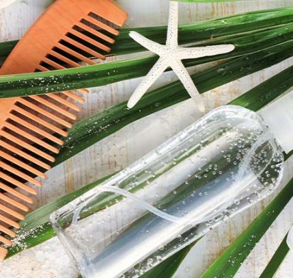 Sea salt hairspray diy A spray bottle with smome beach flowers, white shells and a brown comb.